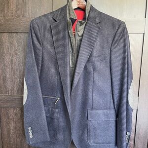 Navy Pinstripe Blazer with Grey Elbow Patches - Unbranded